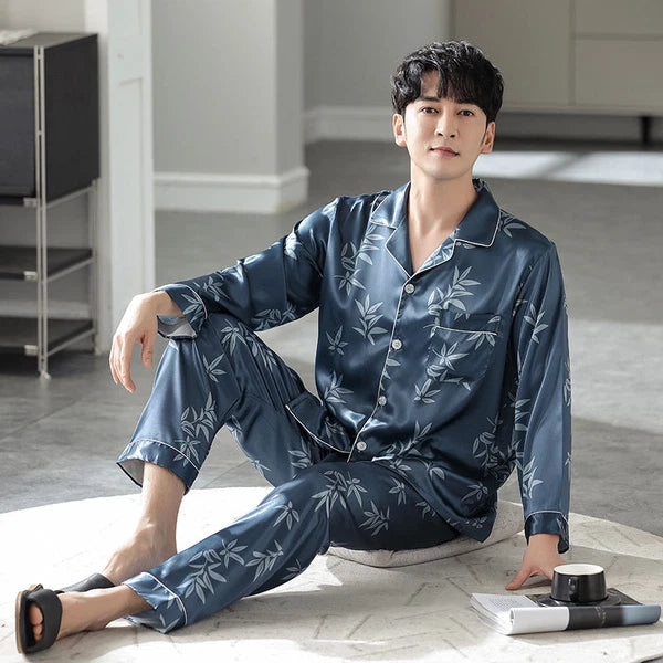Men's Long Sleeve Satin Pajamas Set Luxury Button Down Pajama Pants Home Clothe
