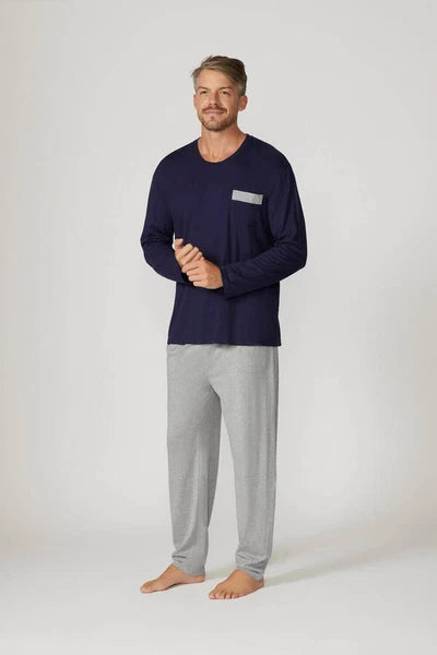 Mens Contare Sizes S-7XL Navy Blue Grey Bamboo Cotton Long Sleeve Pyjama Set Pjs