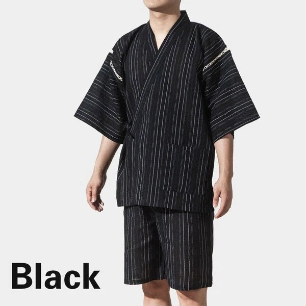 Men Japanese Kimono Pyjama Sets Yukata Jinbei Traditional Stripe Soft Nightwear
