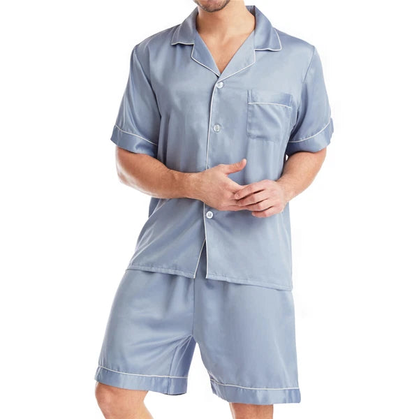Men Satin Pajamas Set Shorts + Shirt Sleepwear Lounge Nightwear Buttons Outfit