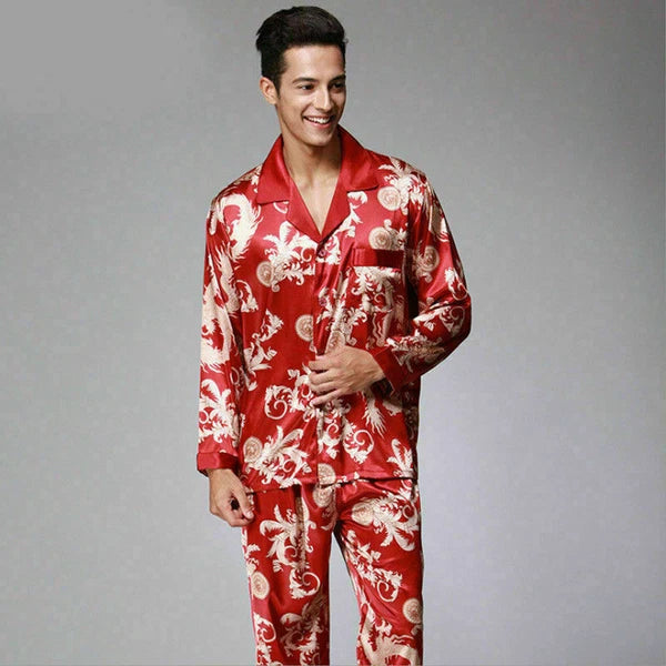 Men Satin Faux Silk Pyjama Set Sleeping Nightwear Asian Dragon Night Gown Outfit