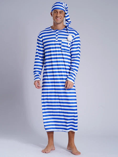 Men's Pajamas Set Long Sleeve Striped Robe Round Neck Loose Sleepwear with Hat