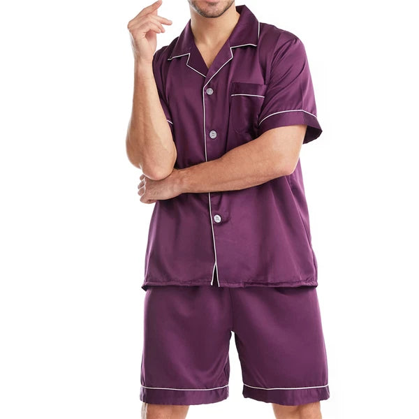 Men Satin Pajamas Set Shorts + Shirt Sleepwear Lounge Nightwear Buttons Outfit