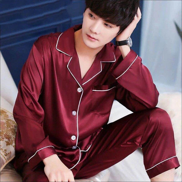 Mens Silk Satin Pajamas Set Top and Bottom Burgundy White sleepwear robes