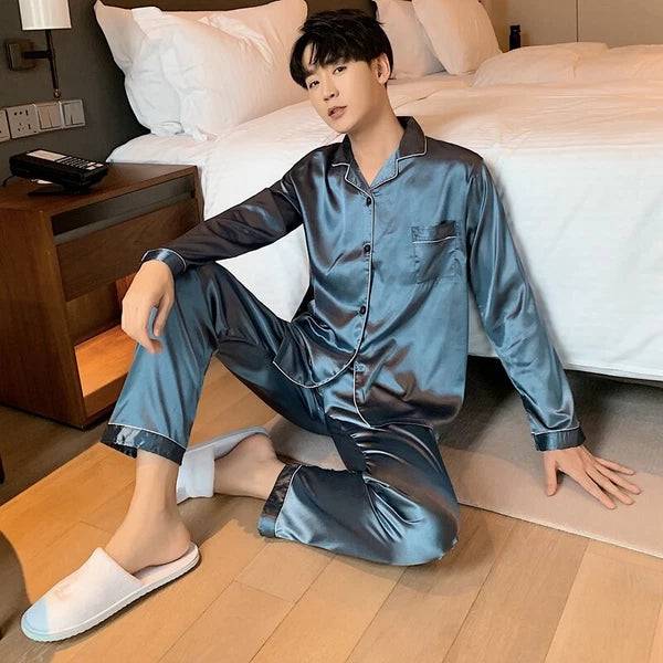 Mens Silk Satin Pyjamas Set Nightwear Pyjama Top & Bottoms Loungewear Sleepwear
