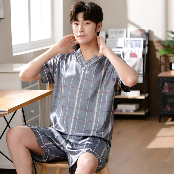Short Sleeve Sleepwear Pjs Loungewear Pyjamas Charm Men's Silk Satin Pajamas Set