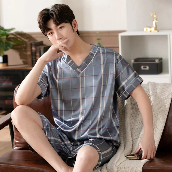 Short Sleeve Sleepwear Pjs Loungewear Pyjamas Charm Men's Silk Satin Pajamas Set