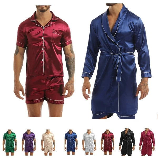 Men Silk Satin Pajamas Set Shirt Top Shorts Pants Long Robe Sleepwear Nightwear