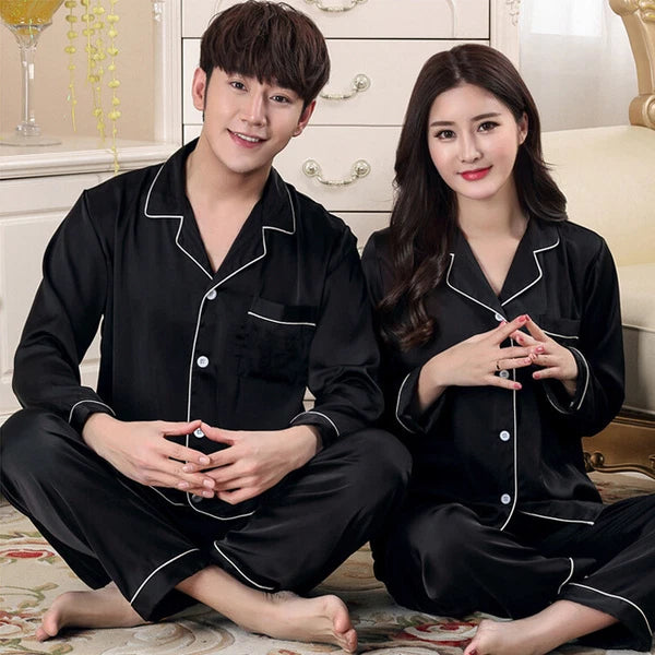 Men Women Silk Satin Pajamas Set Couple Sleepwear Lovers Unisex Nightwear Pijama
