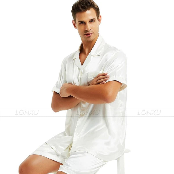 Mens Silk Satin Pajamas Set Short Sleeve+Short Pants Set Sleepwear Loungewear