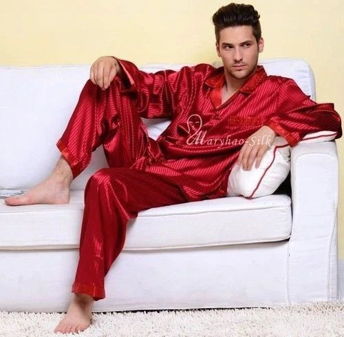 Mens Silk Satin Pajamas Sets Long Sleeves Pajamas Sleepwear Nightwear Loungewear
