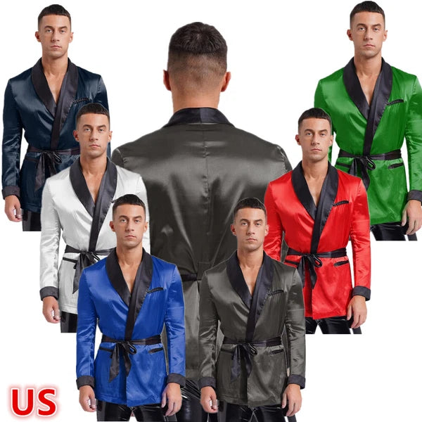 Men's Silk Satin Pajamas Set Short Sleeves Top and Bottom Boxer Shorts Shirt Set