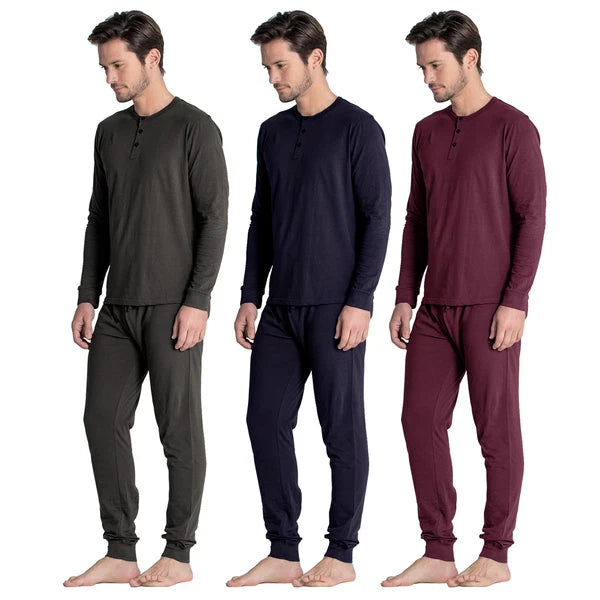 Mens Pyjamas Sets PJ's Nightwear Loungewear Button Up Long Sleeve Henley Tops