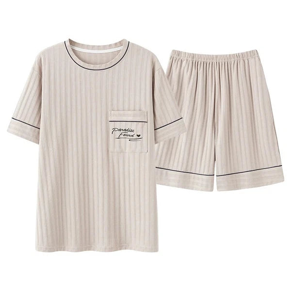 Men Pajamas Set Summer O-neck Vest Shorts Knitted Faux Cotton Pijamas Leisure US