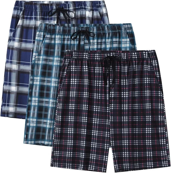 Men's Sleepwear Lounge Shorts 100% Cotton Plaid Pajama Bottoms Button Fly 3 Pack