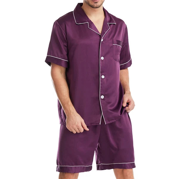 Men Satin Pajamas Set Shorts + Shirt Sleepwear Lounge Nightwear Buttons Outfit