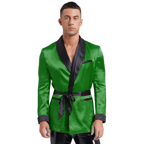 Men's Silk Satin Pajamas Set Short Sleeves Top and Bottom Boxer Shorts Shirt Set