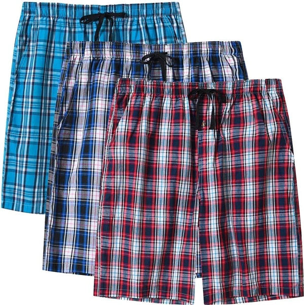 Men's Sleepwear Lounge Shorts 100% Cotton Plaid Pajama Bottoms Button Fly 3 Pack