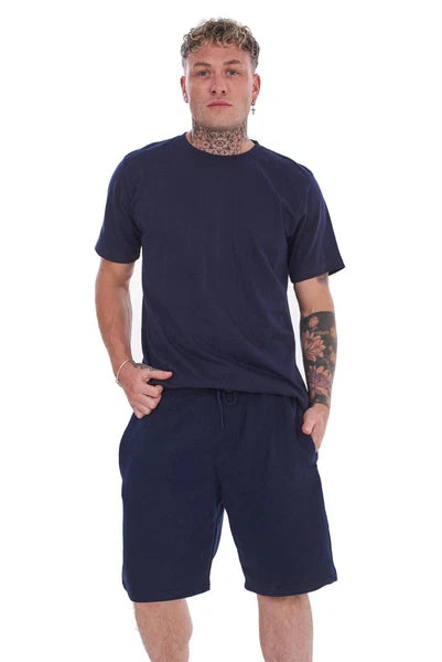 Mens Cotton Pyjama Short Set Jersey Round Neck Top Fleece Zipped Pockets Short