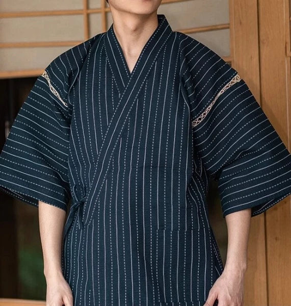 Men Japanese Kimono Pyjama Sets Yukata Jinbei Traditional Stripe Soft Nightwear