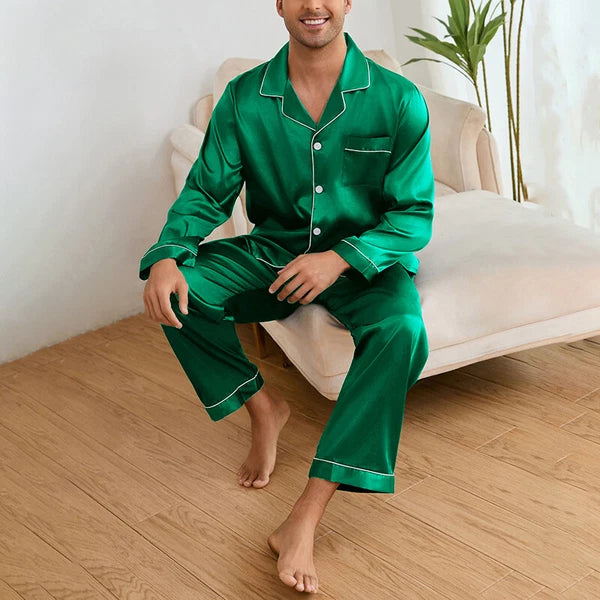 Mens Silk Satin Pyjamas Set Nightwear Pyjama Top & Bottoms Loungewear Sleepwear