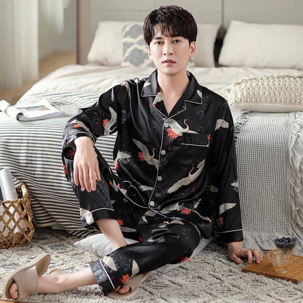 Men's Long Sleeve Satin Pajamas Set Luxury Button Down Pajama Pants Home Clothe