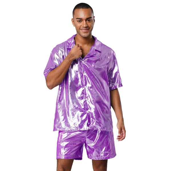 Men Shiny Glossy See-Through Metallic Chiffon Jumpsuit Bodysuit /Pajama Set