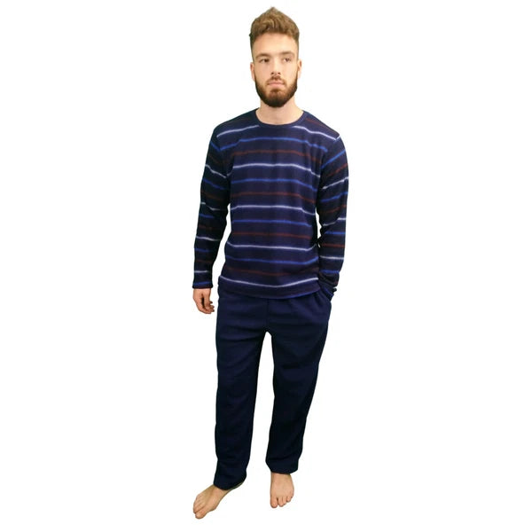 Mens Fleece Warm Soft Pyjamas Striped PJ Set Nightwear Nightsuit Pyjama S-4XL