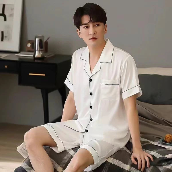 Mens Silk Satin Pajamas Pj Set Top and Shorts Sleepwear Nightwear Casual pijamas