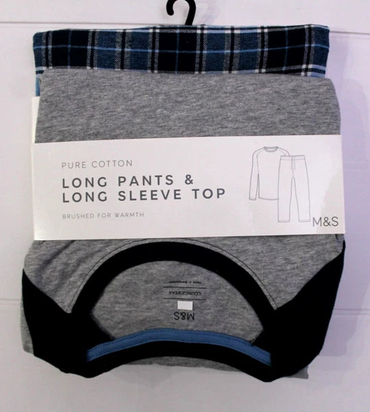 M & S Mens Pure Cotton Brushed For Warmth Pyjamas Loungewear Top & Long Pants