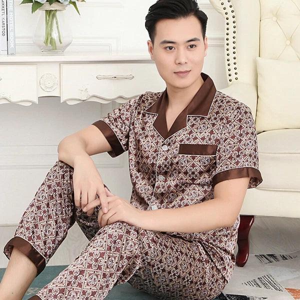 Luxury Mens Silk Satin Pajamas Set Soft Pyjamas Long Sleeve Sleepwear Loungewear