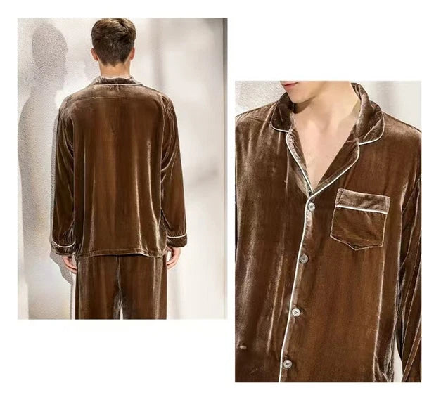 Men's Silk Velvet Pajamas Set Long Sleeves Silk Sleepwear  Camel S M L XL