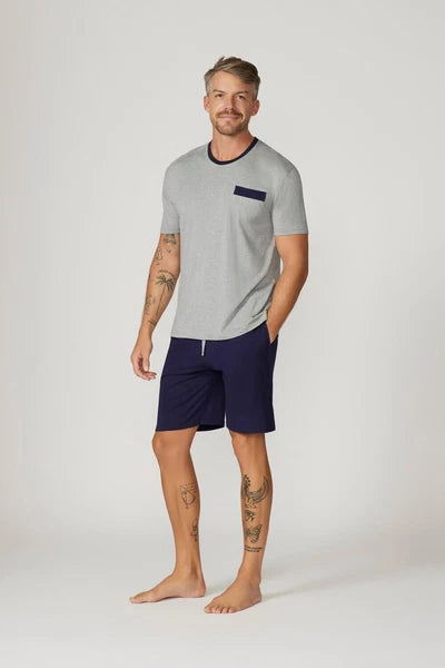Mens Contare Sizes S-7XL Grey Navy Bamboo Cotton Short Sleeve Pyjama Set Pjs