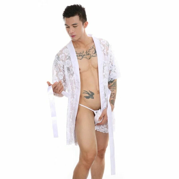 Mens See Through Lace Robe Bathrobe Nightwear Underwear Gown Pajamas Lingerie