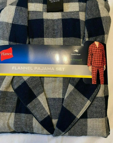 NWT Men's Hanes Flannel RED / BLACK Gray Plaid L/S Pant Set Pajamas PJs Cotton