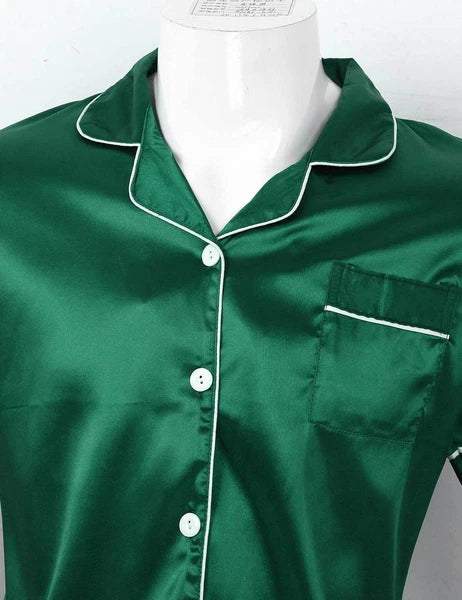 Men's Silky Satin Pajamas Set Short Sleeves Button T-Shirt Tops with Shorts