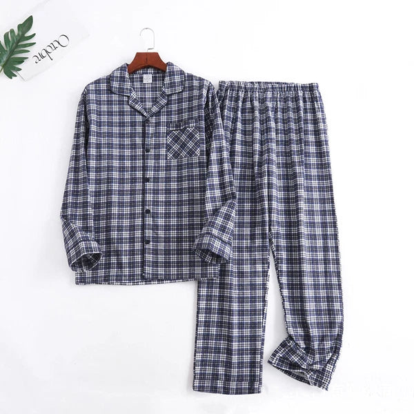 Men's Pajamas Set 100% Cotton Sleepwear Long Sleeve Button Top Pants Nightwear
