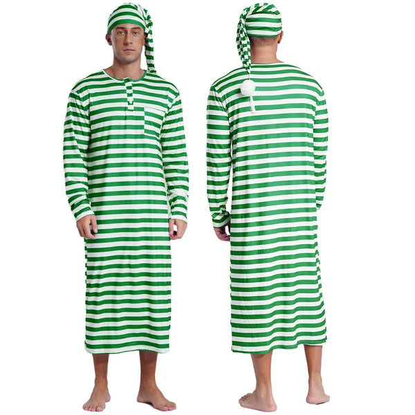 Men's Pajamas Set Long Sleeve Striped Robe Round Neck Loose Sleepwear with Hat
