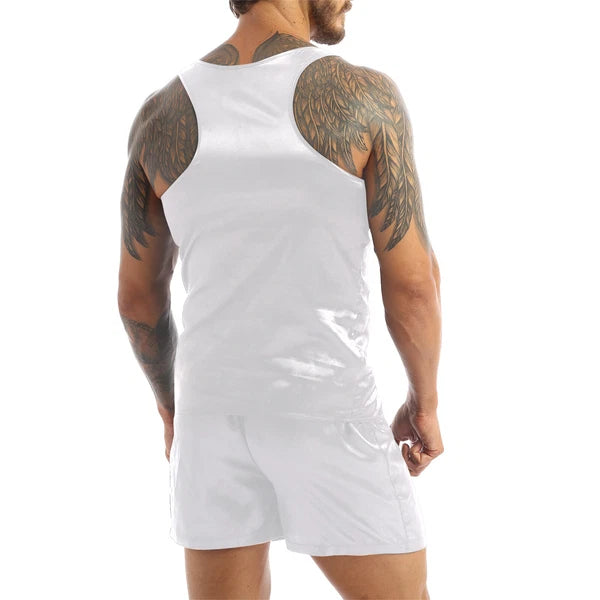 Men's Silk Satin Pajamas Set Vest Top and Boxer Shorts Sleepwear Home Loungewear