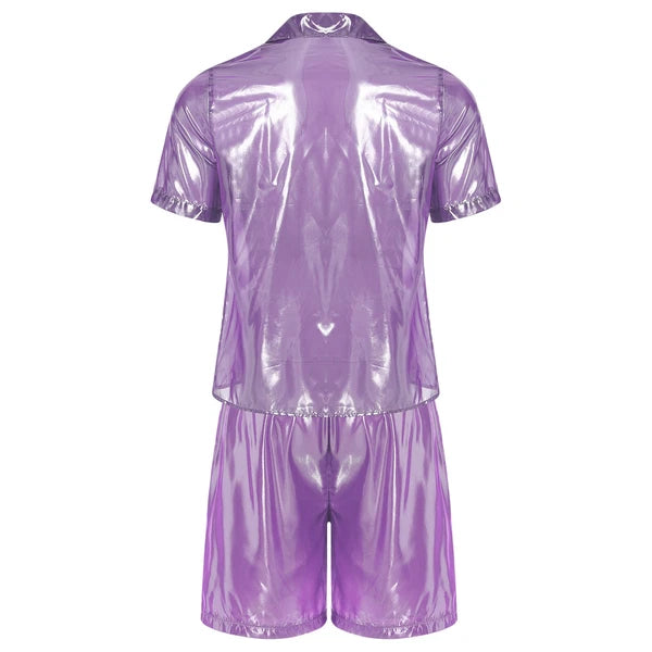 Men Shiny Glossy See-Through Metallic Chiffon Jumpsuit Bodysuit /Pajama Set