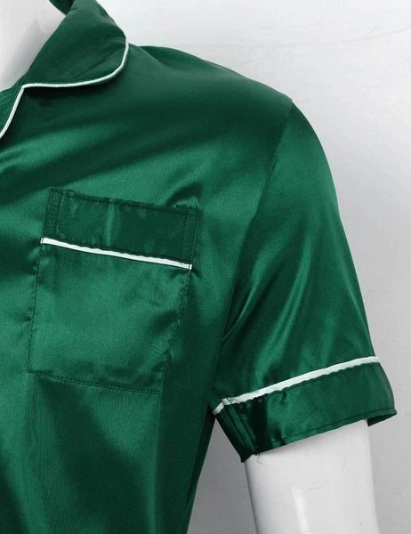 Men's Silky Satin Pajamas Set Short Sleeves Button T-Shirt Tops with Shorts