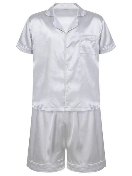 Mens Satin Short Sleeve Silk Pajama Set with Shorts Two Piece Button-Down Pj AU