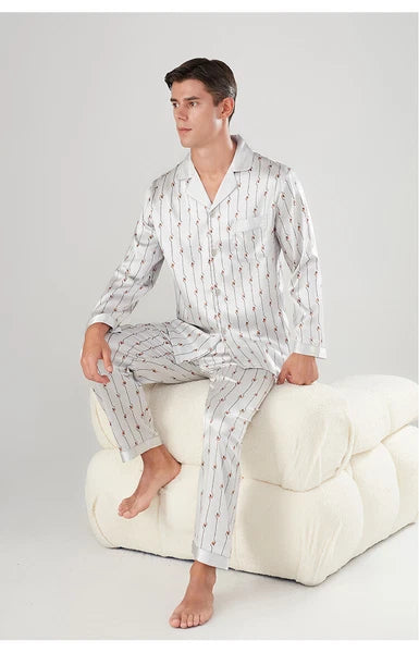 Men's 19MM 100% Pure Mulberry Silk Pajamas Set Long Sleeves Silk Sleepwear S~3XL
