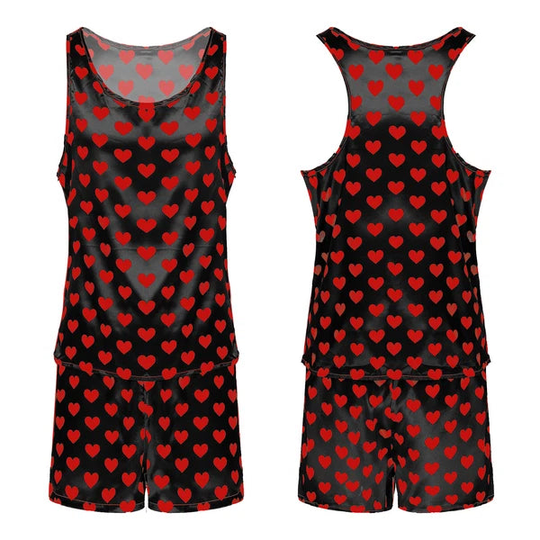 Men's Silk Satin Pajamas Set Vest Top and Boxer Shorts Sleepwear Home Loungewear