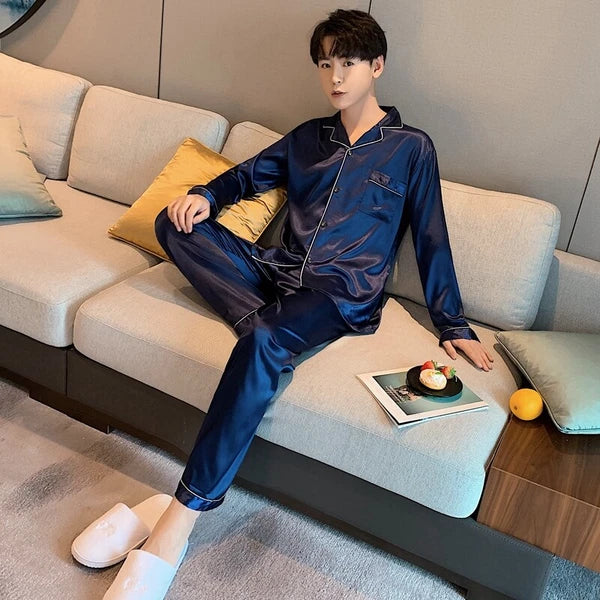 Mens Silk Satin Pajamas Pj Set Top and Bottom Sleepwear Nightwear Casual pijamas