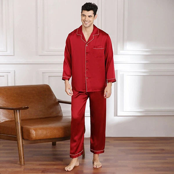 Mens Silk Satin Pajamas Set pyjamas for men Loose Sleepwear PJ Set Autumn Gift