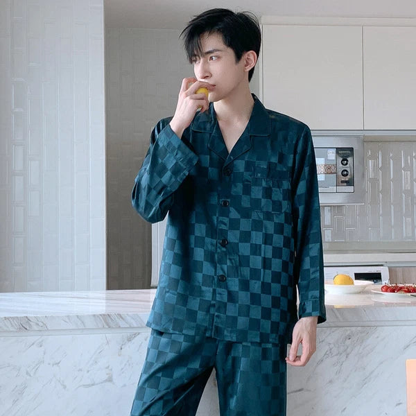 Men Silk Satin Pajama Set Print Sleepwear Loungewear Long Sleeve Shirt Nightwear
