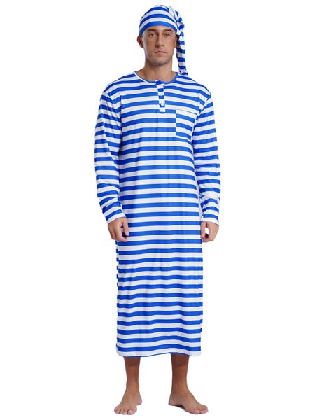 Men's Pajamas Set Long Sleeve Striped Robe Round Neck Loose Sleepwear with Hat