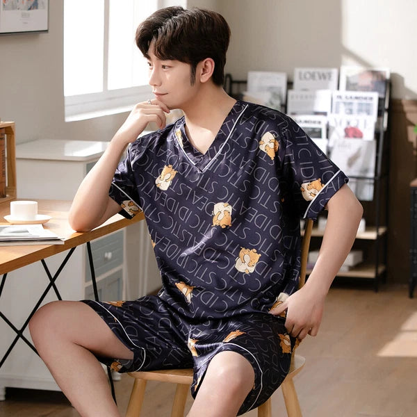 Short Sleeve Sleepwear Pjs Loungewear Pyjamas Charm Men's Silk Satin Pajamas Set