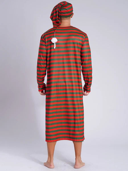 Men's Pajamas Set Long Sleeve Striped Robe Round Neck Loose Sleepwear with Hat